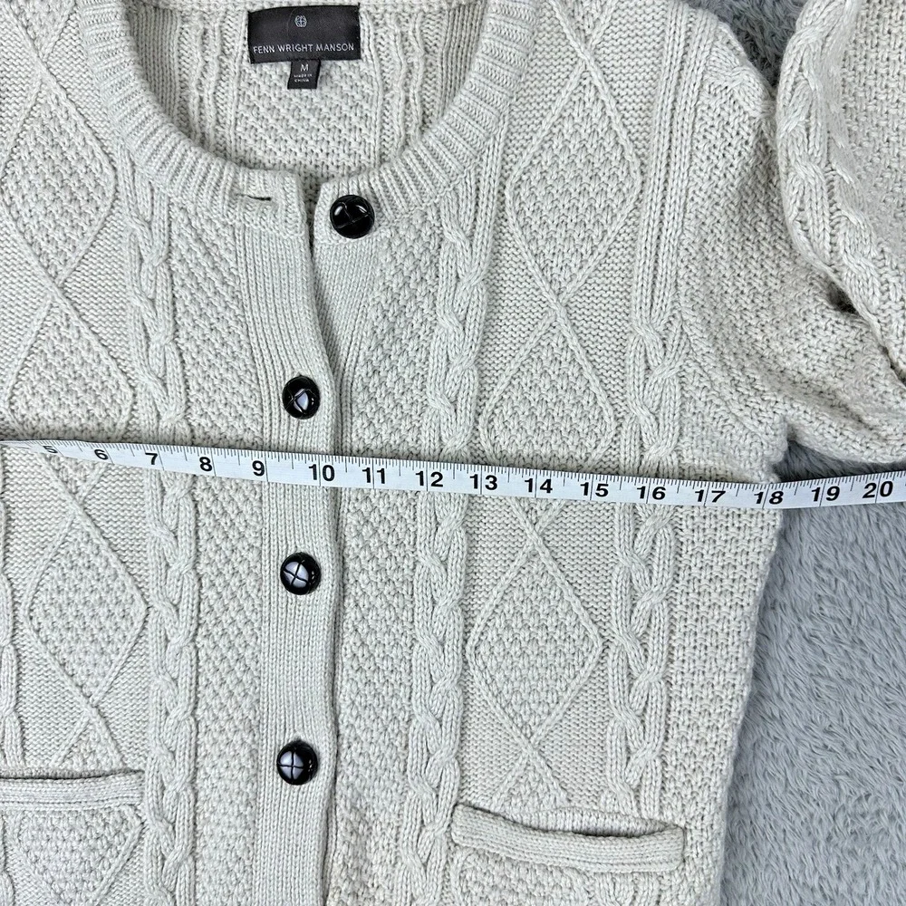 Fenn Wright Manson Cable Knit Cardigan Women's M‎ Ivory Wool Blend Elbow Patches